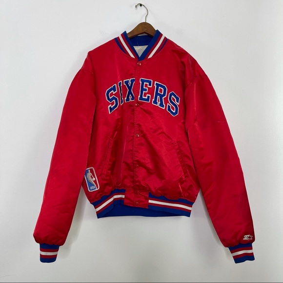 Vintage Other - Men’s Vintage Starter Satin Quilt Lined Sixers NBA Snap Button Bomber Jacket